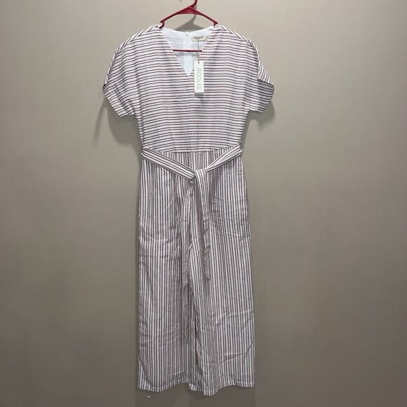 NWT Roolee Women’s Dk Red Striped Linen Jumpsuit M Minimalist Staple Essential - Picture 1 of 11